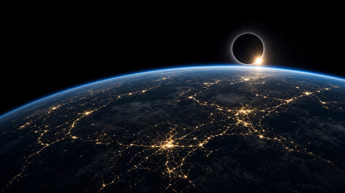 Earth at night with a diamond-ring eclipse