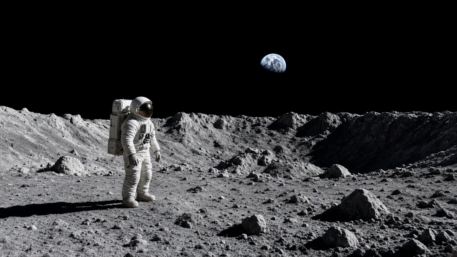 Astronaut on the Moon, Earth above the crater