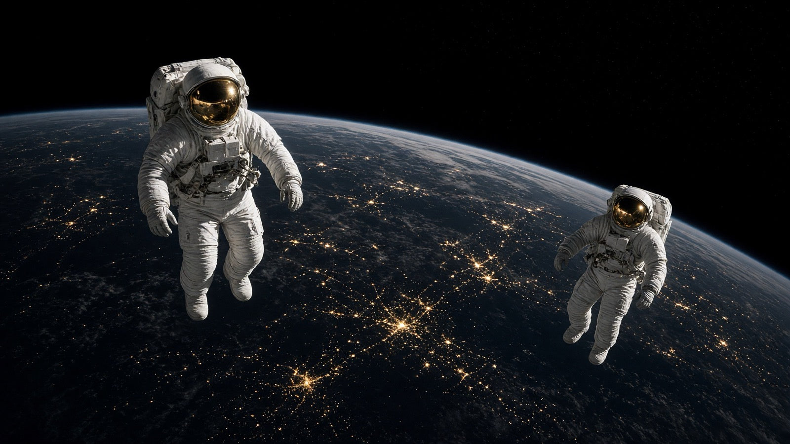 Two EVA crew above a nightside Earth limb.